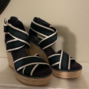 TORY BURCH FRIEDA 100MM ESPADRILLE WEDGES SIZE 5 NWT - IVORY/NAVY/BANYAN GREEN